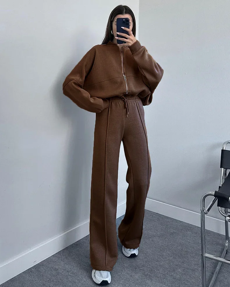 

2024 Autumn Women Tracksuit Suit Black Long Sleeve Coat High Waist Wide-leg Long Pants Set Female Fashion Casual Clothes Lady