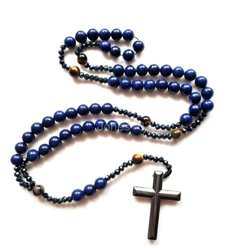 Q6PE Blue Stone Beads Pendant Necklace Rosary Prayer Necklace Perfect for Sweater Chain or Fashion Accessories