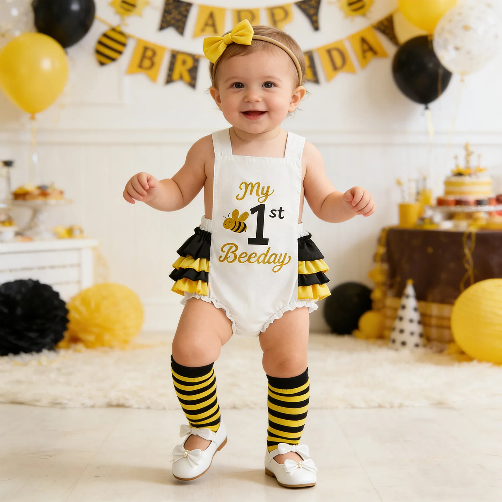 

Комбинезон без рукавов для маленьких девочек с милым принтом на первый день рождения, с повязкой на голову, гетры, костюм для вечеринки на тему Хэллоуина, костюм пчелы для косплея