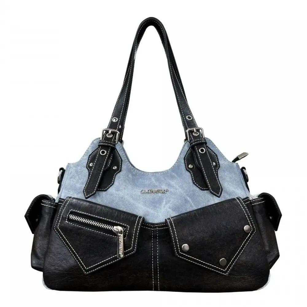 Women's Fashion PU Leather Shoulder Bag Large Capacity Multifunctional Cowboy Backpack Crossed Color Y2K Flat Bag Casual Outing