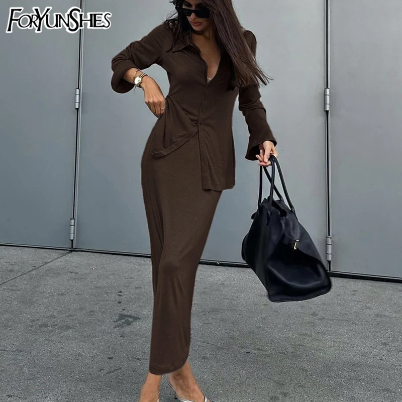 

Elegant Brown Women's Two Pieces Set Fashion Lapel Long Sleeve Single Breasted Shirts And High Waist Simple Skirts Sets