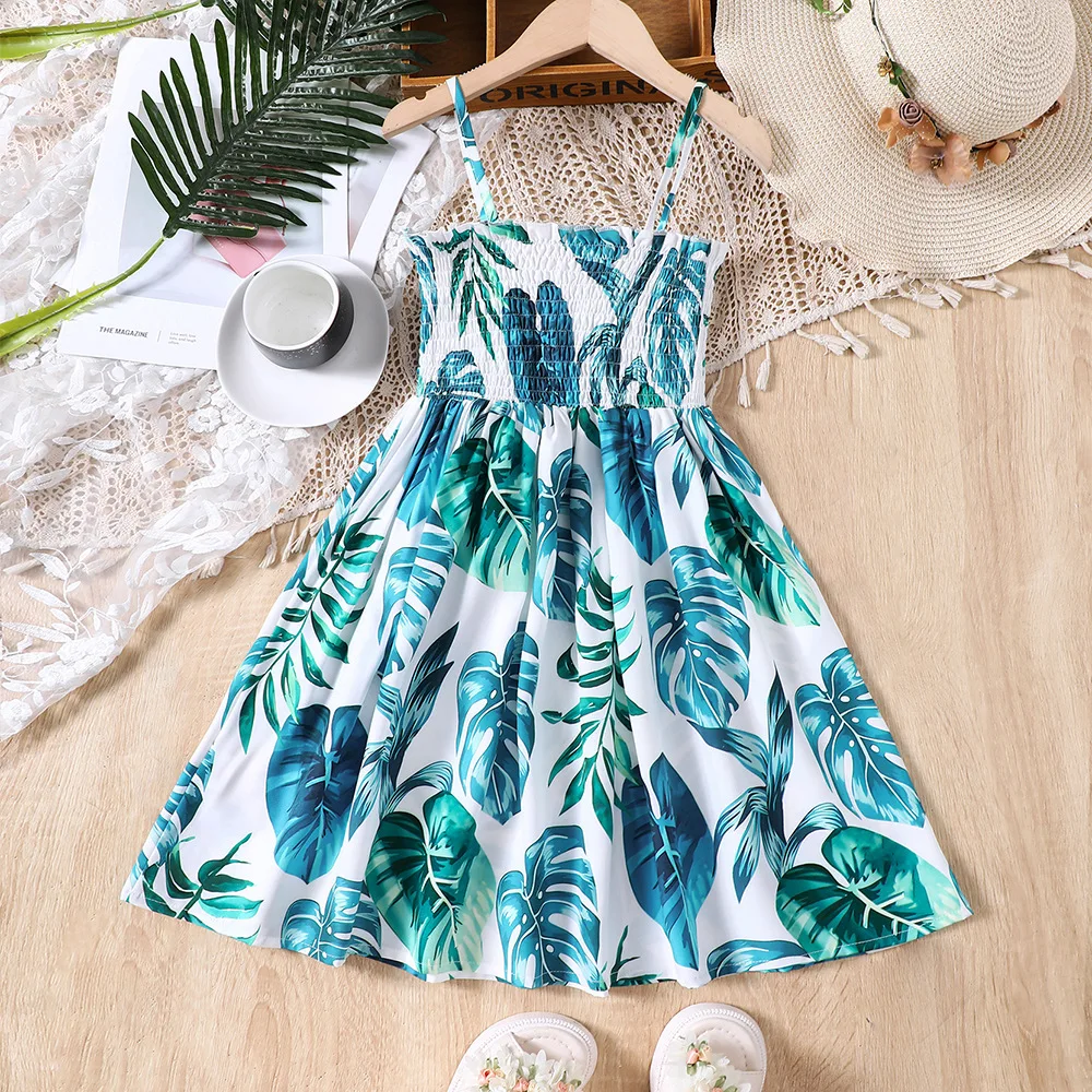 

2024 Summer New Arrival Girls Sleeveless Ruched Print Leaves Blue Roupa Infantil Menina Cute Party Dress Custume 4-10T