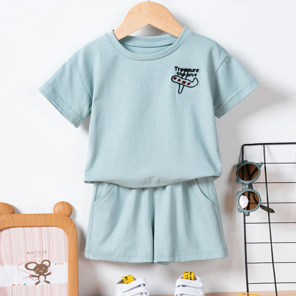 New Summer Children 2pcs Sets Boys Girls Short Sleeve Rugby/Daisy Embroidery T-shirt+Solid Shorts 2pcs Set Kids Leisure Suits