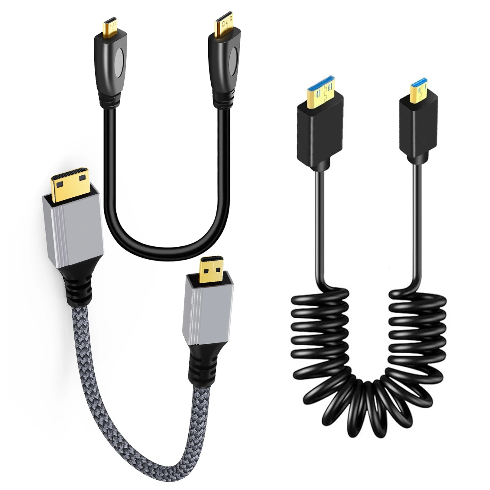 Spring Coiled Micro to Mini HDMI‑compatible Cord, 8K 4K UHD Video Cable for Raspberry Pi 5 4 DSLR Camcorder Portable Monitor