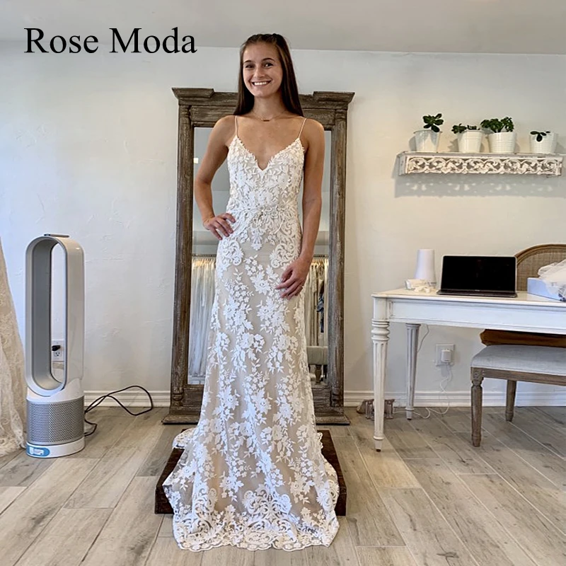 Rose Moda Thin Straps V Neck Ivory and Champagne Lace Wedding Dresses Real Photos