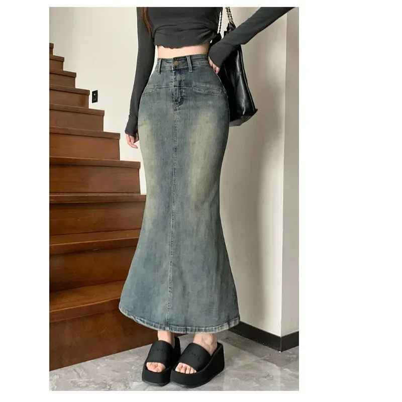 

2024 Spring and Summer Denim Mermaid Long Skirt Korean High-waisted Retro Blue Super Maxi Skirt Slim Sexy Rear Slit Midi Skirt