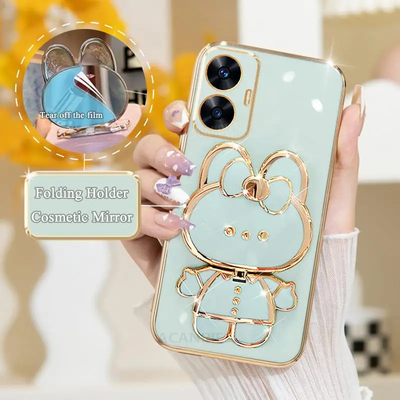 Realmec55 Mirror Plating Fold Holder Case For Oppo Realme C55 C53 C35 C33 C21y C31 C30 C20 Gt5 Gt Neo 5 5s Silicone Stand Cover