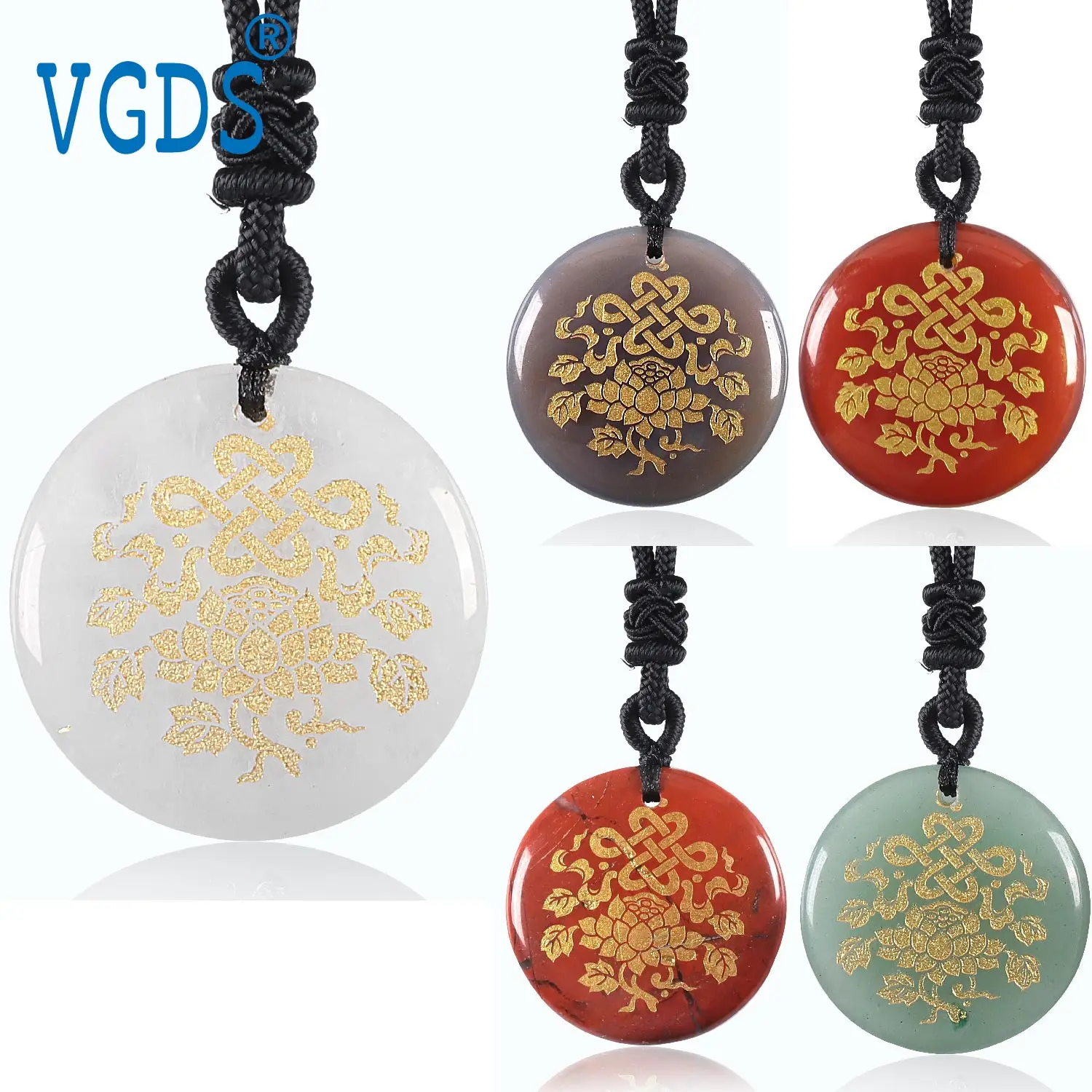 

Natural Gemstone Carved Auspicious Eight Treasures Lotus Pattern Men Noble Gentleman Pendant Women Innocent Clean Necklace