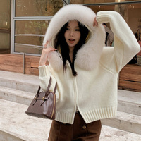2024 New Autumn Hooded Cardigan With Real Fox Fur Stripe Long Sleeve Female Cardigans With Zipper Causal Sweater With Hood