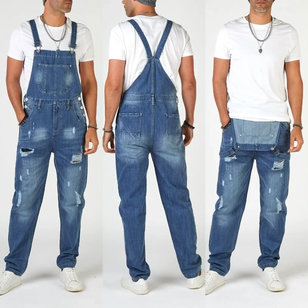 

Men Overalls Jeans Ripped Bib Casual Daily Denim Jumpsuit Summer Male Suspender Fashion Hole Streetwear Long Pants