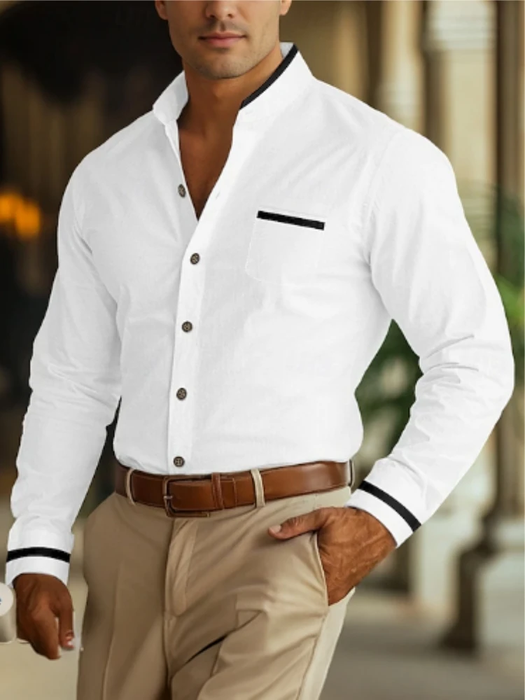 

Men's Stand Collar Cardigan Button Pocket Shirt White Soft Comfortable Material Business Office 2025 Spring and Autumn