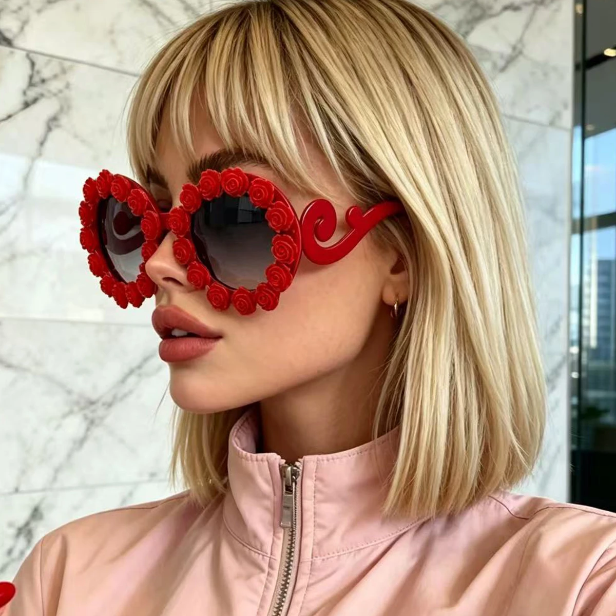 3D Rose Oversized Round Sunglasses Women Baroque Floral Shades Personality Curved Leg Gradient Lens Coquette Beach Club Eyewear