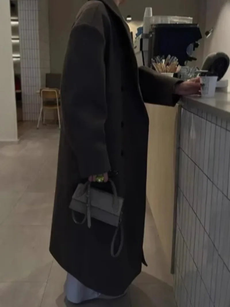 

Новое удобное длинное пальто из искусственной шерсти, винтажное двубортное женское пальто с лацканами и длинными рукавами, осень-зима 202, свободное женское пальто