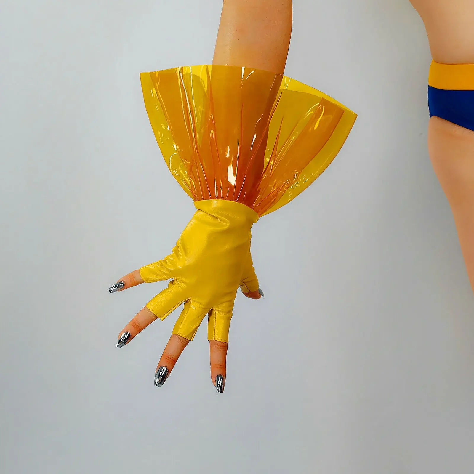 Yellow GLOVES CLEAR PVC Ruffle Trim Faux Leather Short Plastic Fingerless Half Finger Fashion Costume Evening Halloween Glove