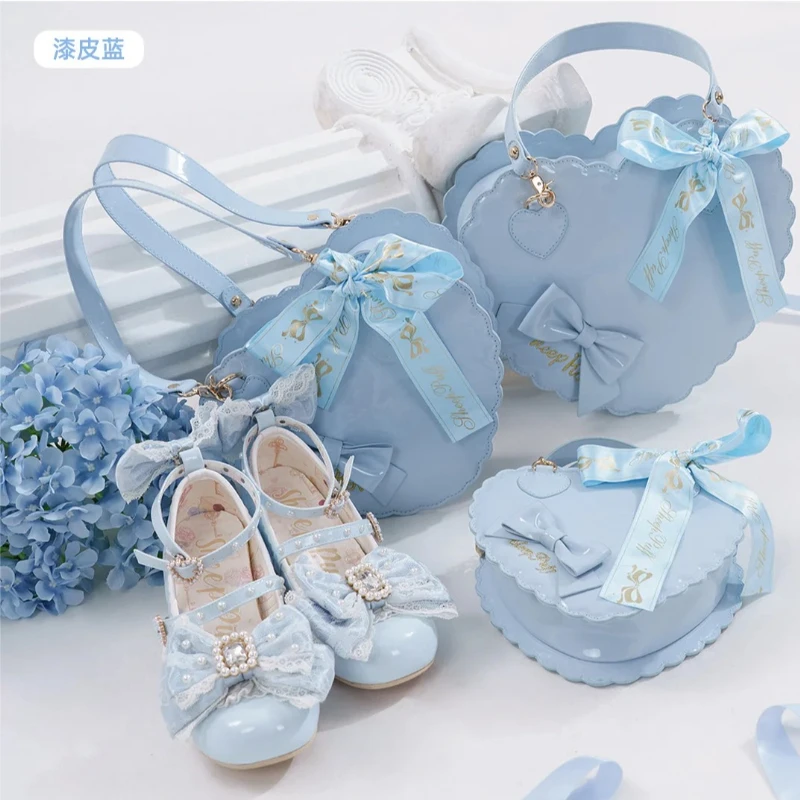 Sweet Heart Shaped Lolita Handbag Women Ruffle Lace Big Bow Top Handle Bag Kawaii Shoulder Crossbody Purse Girls Cosplay Bag
