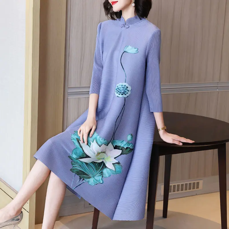 Retro improved cheongsam fold dress 2023 spring and summer new Chinese wind printed blossoms and loose dress women's clothing