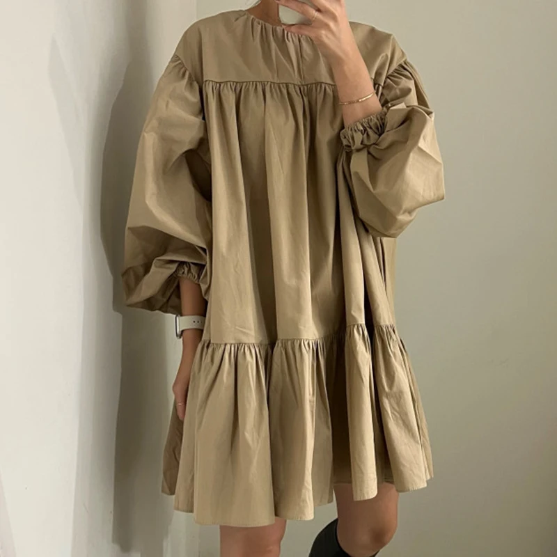 Vestido Casual Solto com Design de Camadas Psadas e Decote Redondo Simples, Estilo Vintage Chic de Outono, Moda Fena E...