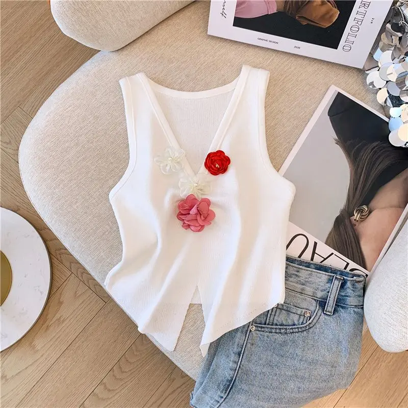 Dopamine Flower Splicing Knitted Vest Women\'s Summer Hem Irregular Split Ends Chic Niche Sleeveless V-neck Top