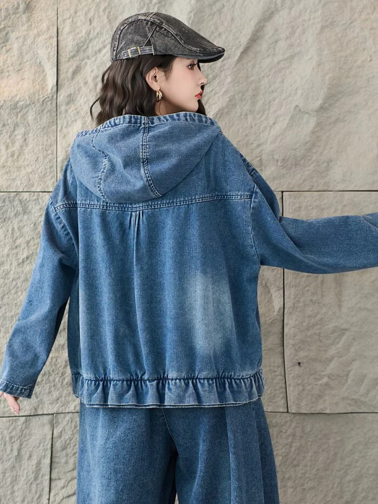 Amax LuluE 日本製ヴィンテージ風ルーズフード付きデニムジャケット レディース 2026 ファッション クラシック 無地コート レディース カジュアル オーバーサイズ アウターウェア