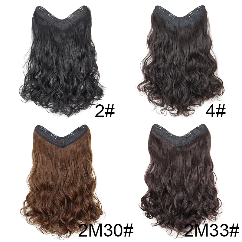 Extensión de cabello sintético largo y rizado de 24 pulgadas, pieza única con forma de V, invisible, negro y marrón 2