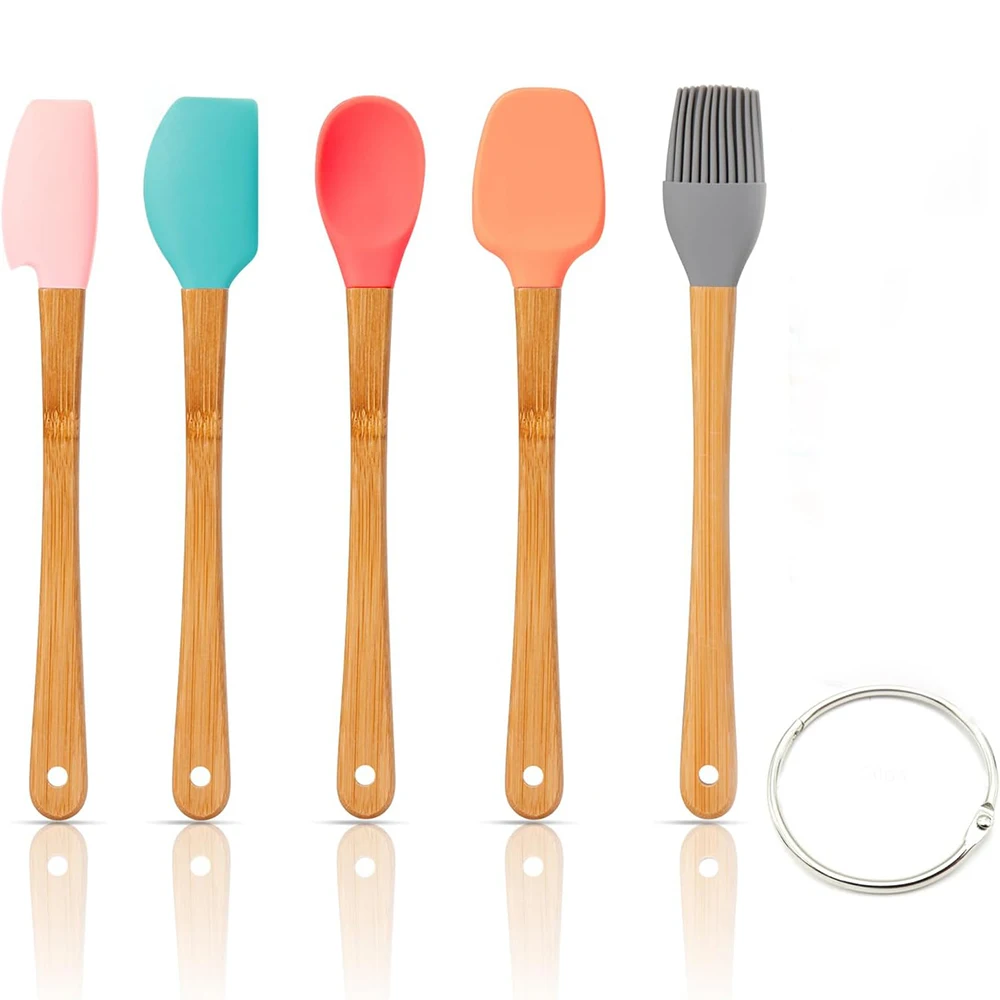 5 Piece Silicone Spatulas Mini Rubber Spatula Scraper with Wooden Handle Heat Resistant Silicone Spatula Set Nonstick Cookware