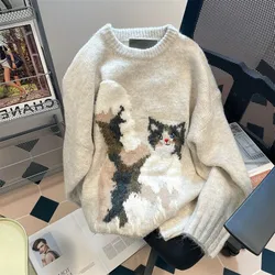 Women's Winter Kitten O-Neck Long Sleeve Sweater Y2K Cute Japanese Harajuku College Style Retro 2000s Top Sweater 2024 Clothing