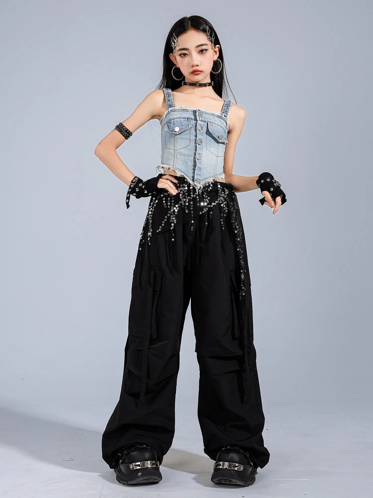 Summer Jazz Dance Clothes Girls Denim Vest Black Hiphop Pants Street Dance Perofrmance Outfits Kids Group Stage Clothing BL16695