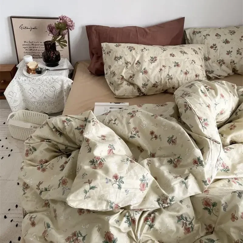 Vintage Floral Duvet Cover Set No Filler with Flat Sheet Pillowcases Single Double Queen Size Girls Ins Korean New Bedding Kit