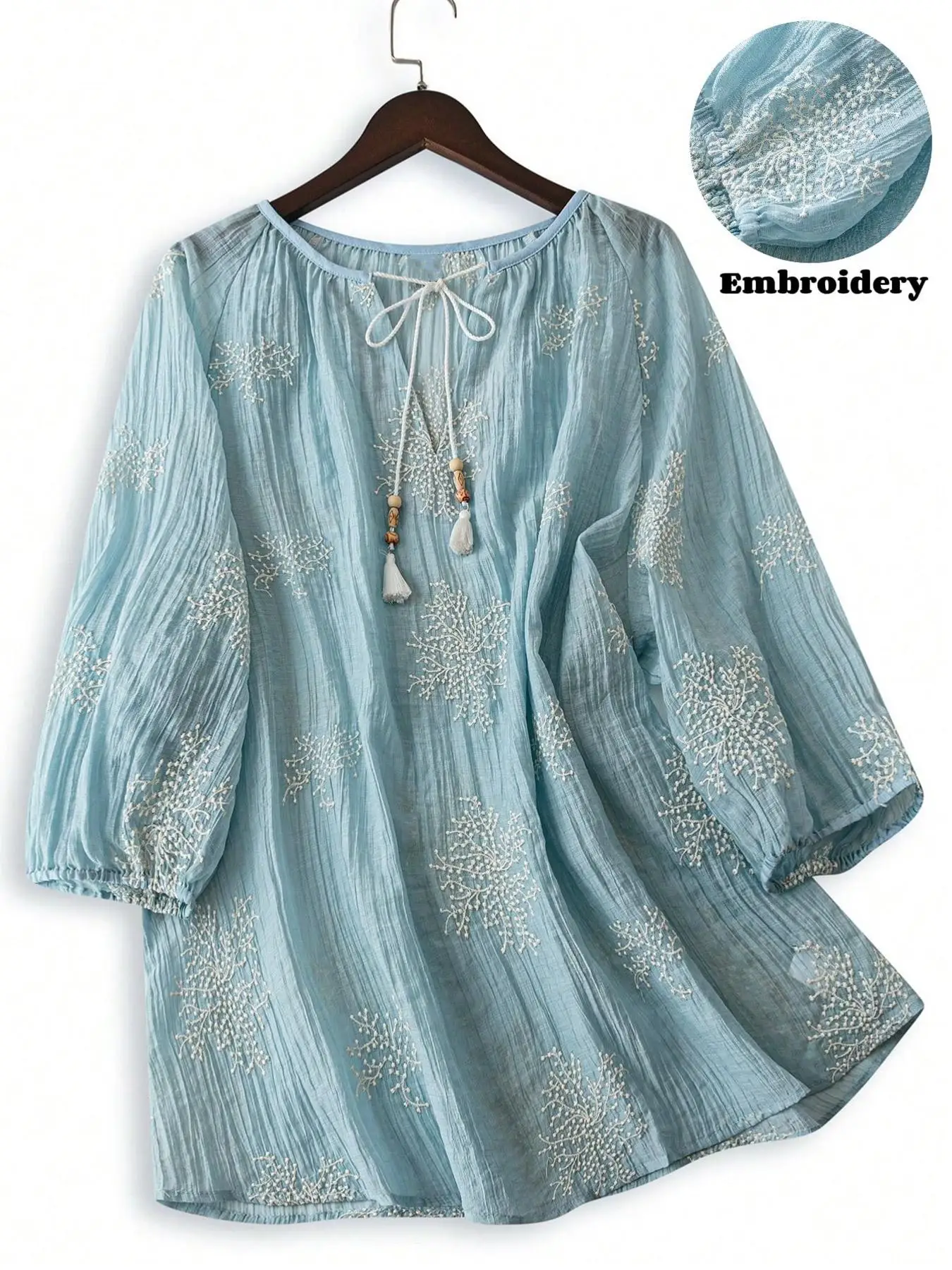 

【Plus Size】 Embroidery Tie Neck Blouse, Boho Casual Bishop Sleeve Top for Daily Holiday Vacation Wear, Women Plus Clothing for A