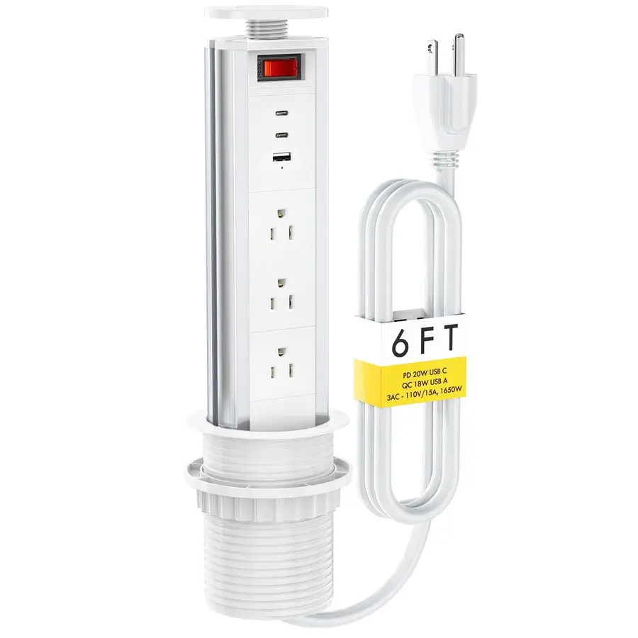 

Розетка для столешницы, выдвижные электрические розетки с 3 розетками переменного тока, 2 PD 20 Вт USB C и QC 18 Вт USB A, выдвижная настольная зарядка