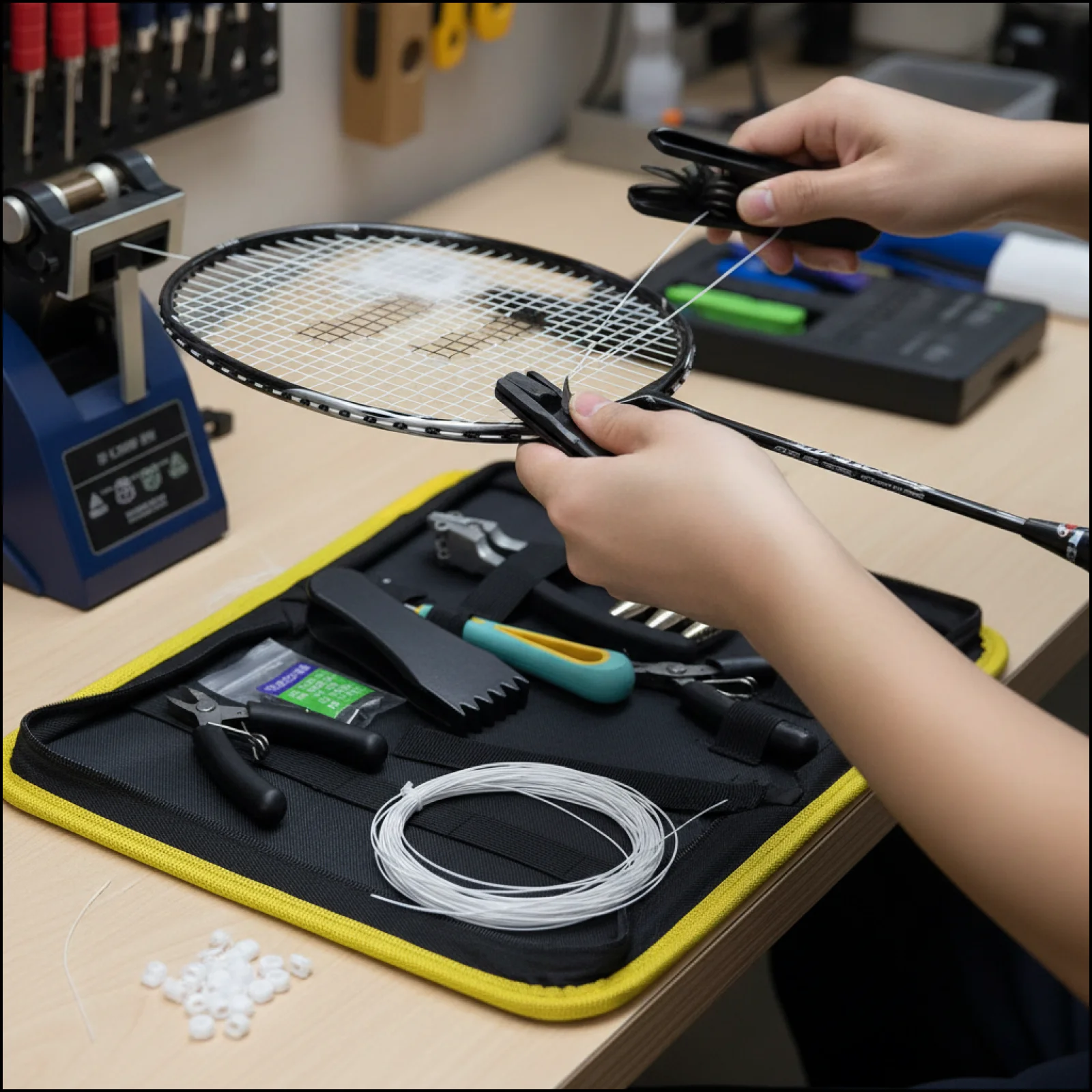Badminton Stringing Tools Set with String Portable with Storage Bag Tennis Racquet Repairing Stringing Clamp Pliers Manual Tools