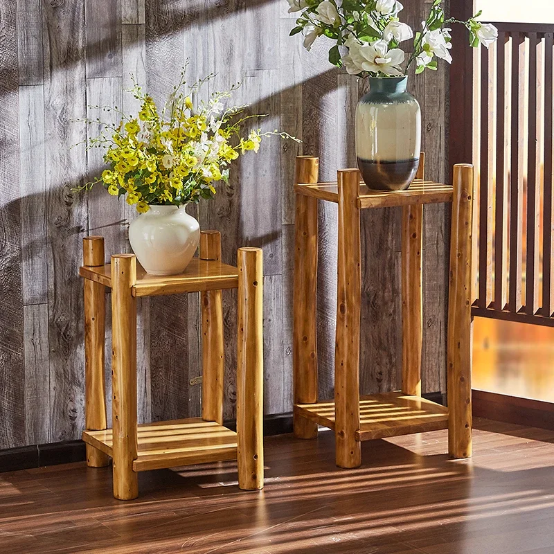 Chinese-Style Solid Wood Balcony Flower Stand Floor Storage Rack Double-Layer Indoor Cypress Furniture