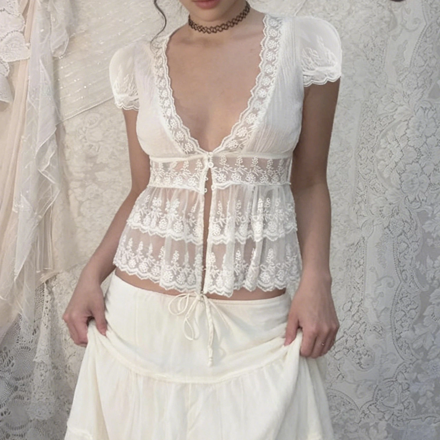 SUCHCUTE Vintage Fairycore White Lace See Through Shirt Women V Neck Puff Short Sleeve Button Down Ruffle Hem Y2K Crop Top Chic