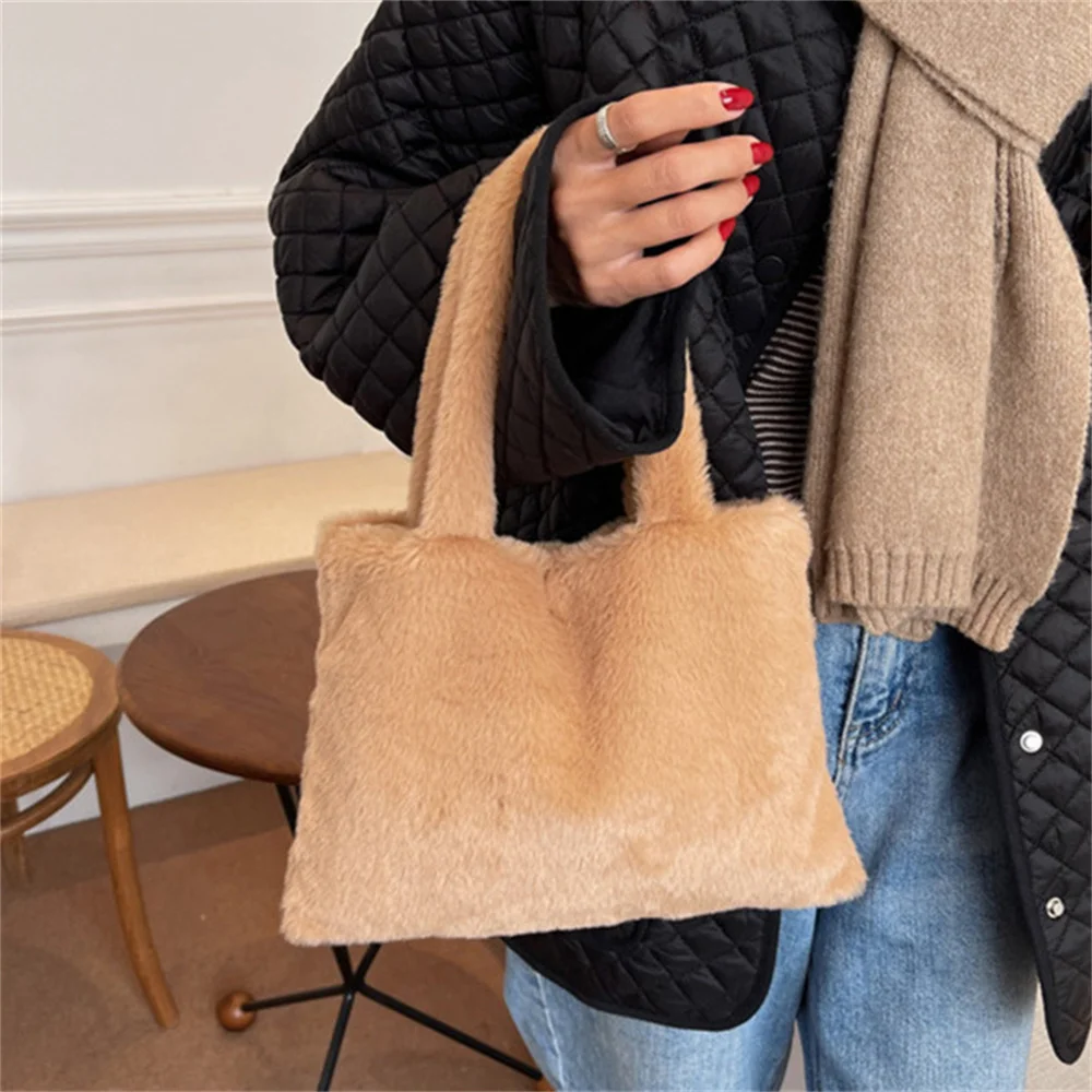 Bolsa de pelúcia feminina, sacola de alça superior, moda inverno, outono