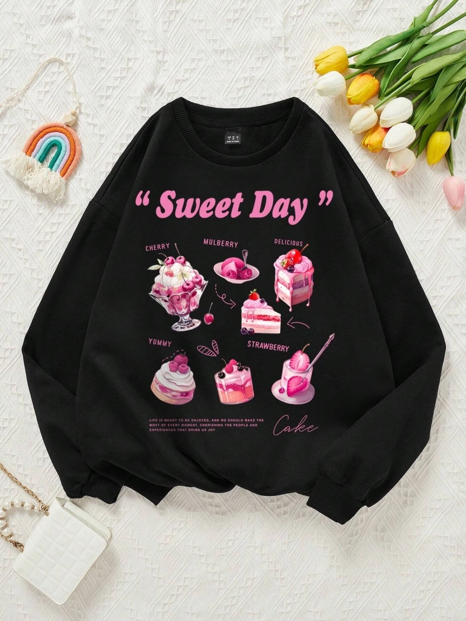 Spring Casual Cute Women Sweatshirts Sweet Day Printed Hoodies Fleece Warm Pullover Street Crewneck Loose Female Tops Clothes