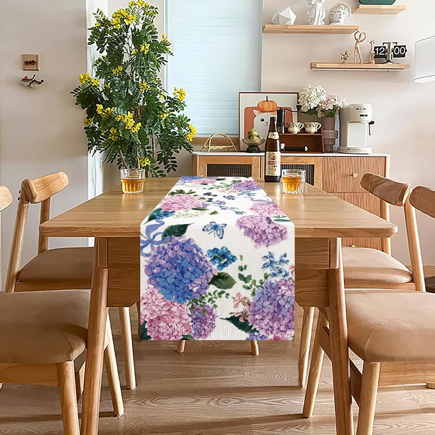 Colorful Hydrangeas Linen Table Runners Summer Flower Dresser Scarf Table Decor Holiday Wedding Party Kitchen Dining Table Decor