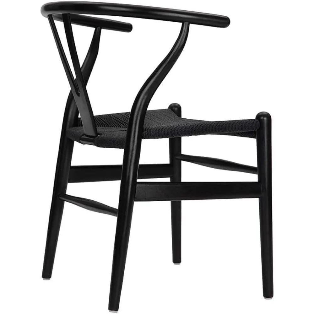 كراسي Y من الخشب الصلب على طراز منتصف القرن مع مساند للذراعين، مجموعة من 2، لمسة نهائية من الخشب الأسود، وسادة مقعد من القنب