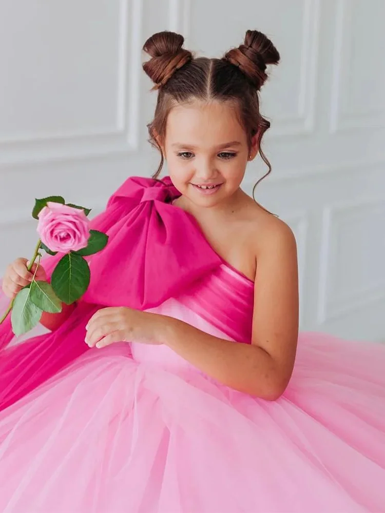 AsaNagi-Vestido de tul rosa para niña pequeña, traje de Fiesta de cumpleaños con un hombro al descubierto, 2023