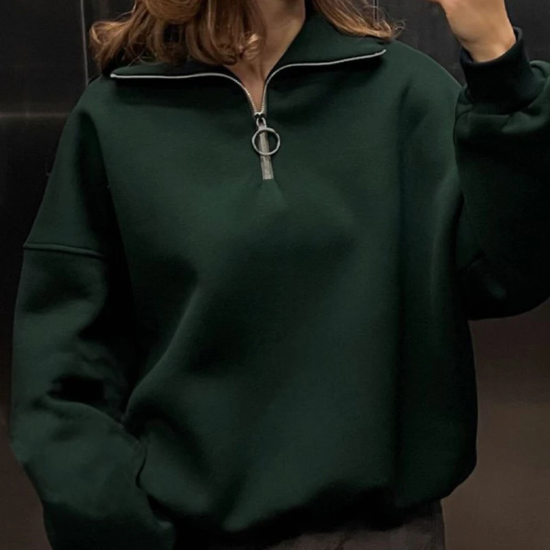 FADDISH 2024 Autumn Winter Women Fashion Loose Zipper Hoodie & Swaetshirts Female Solid Color Casual Long Sleeve Tops Pullovers