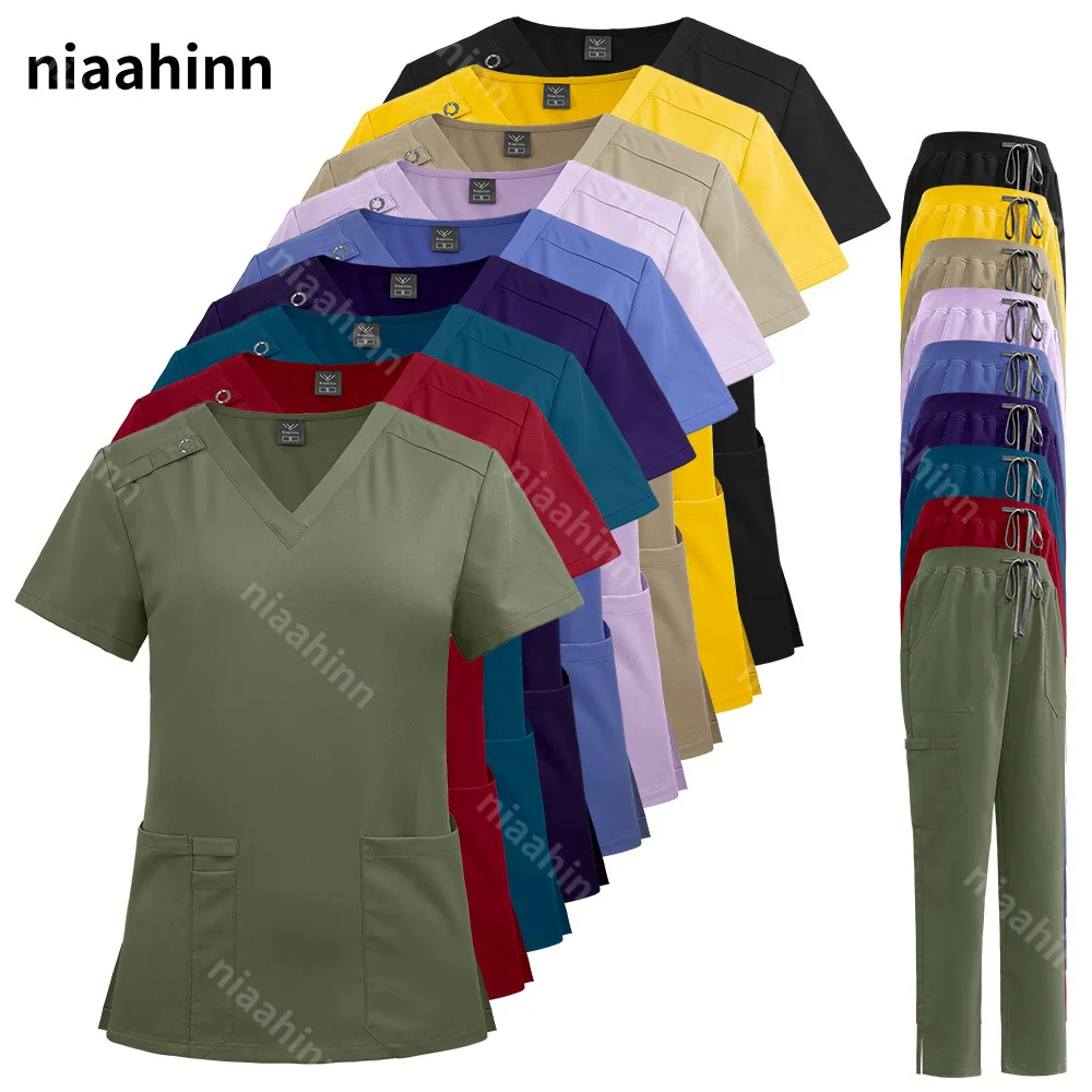 Niaahinn Nursing Scrubs Uniform Suit Short Sleeve V-neck Tops+Pants Sets Women Multicolor Pet Medical Workwear Nurse Accessories