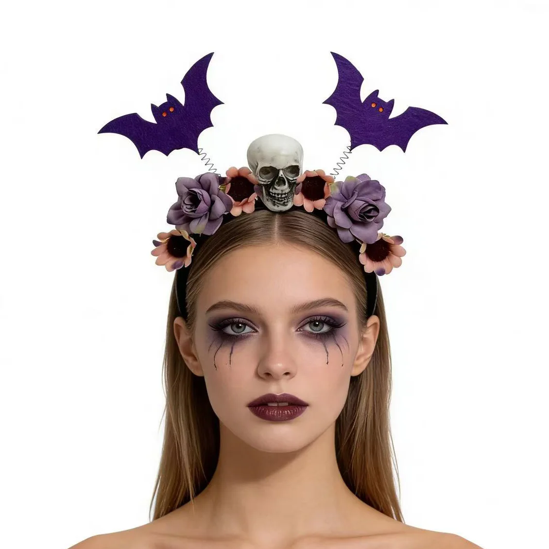 1-Pack Halloween Bat Skull Flower Headband, Dark & Playful Vibe, Eye-Catching, Ideal for Ghost Festival & Gifting