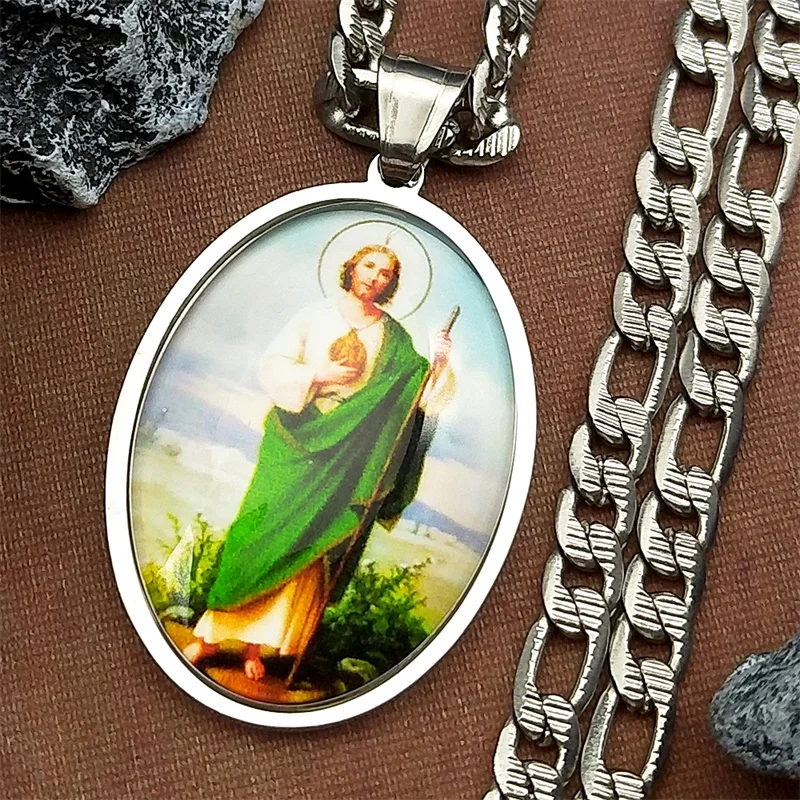 San Judas Tadeo-Medaillen-Anhänger-Halskette für Damen und Herren, Edelstahl, goldfarben, Heilige, Apostel Jesu, Amulett, Glaube, Schmuck – Detail 4