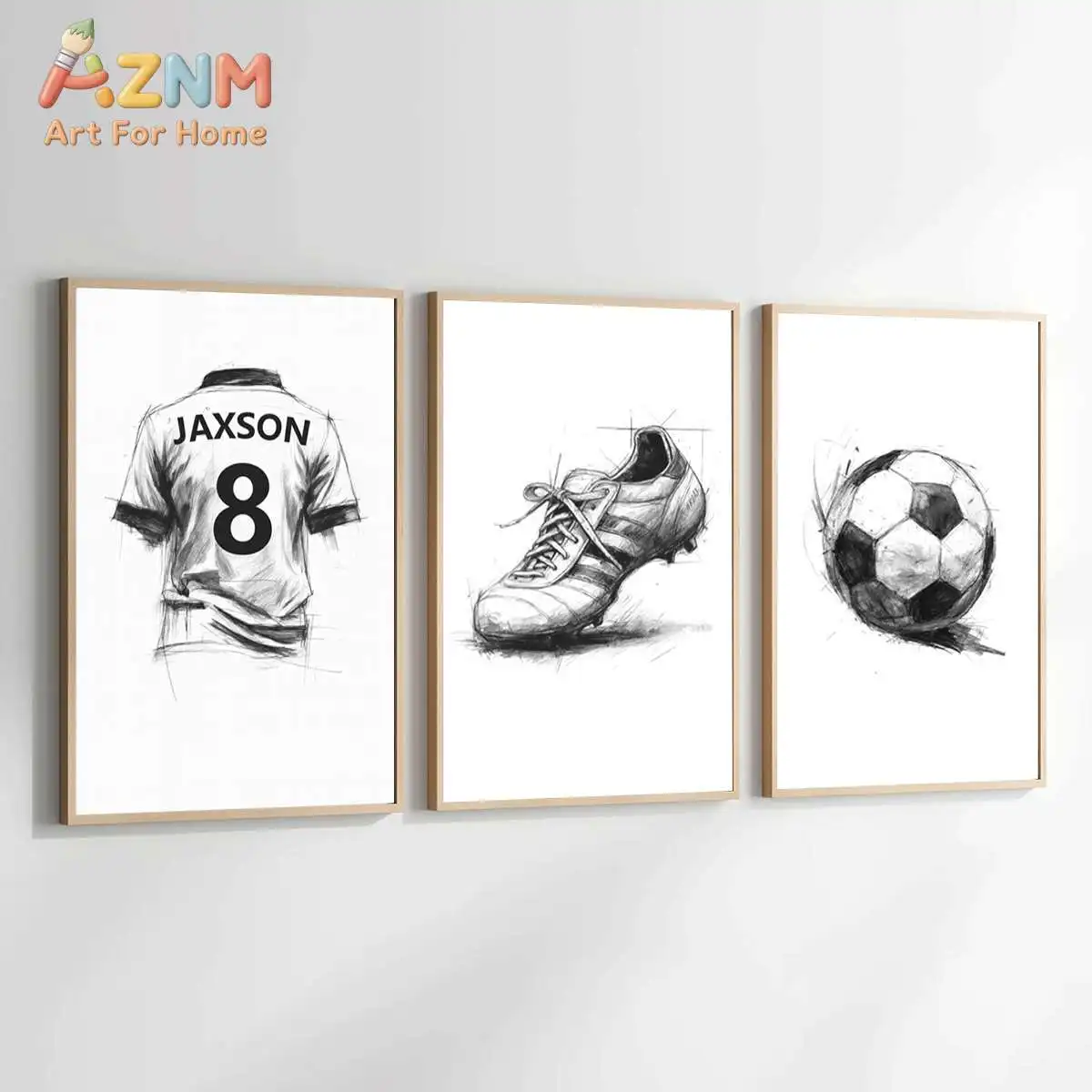 AZNM Frameless 2D Flat Sketch Soccer Jersey Cleat Football Canvas Print, Reusable Sport‑themed European Boys Bedroom Wall Art Po