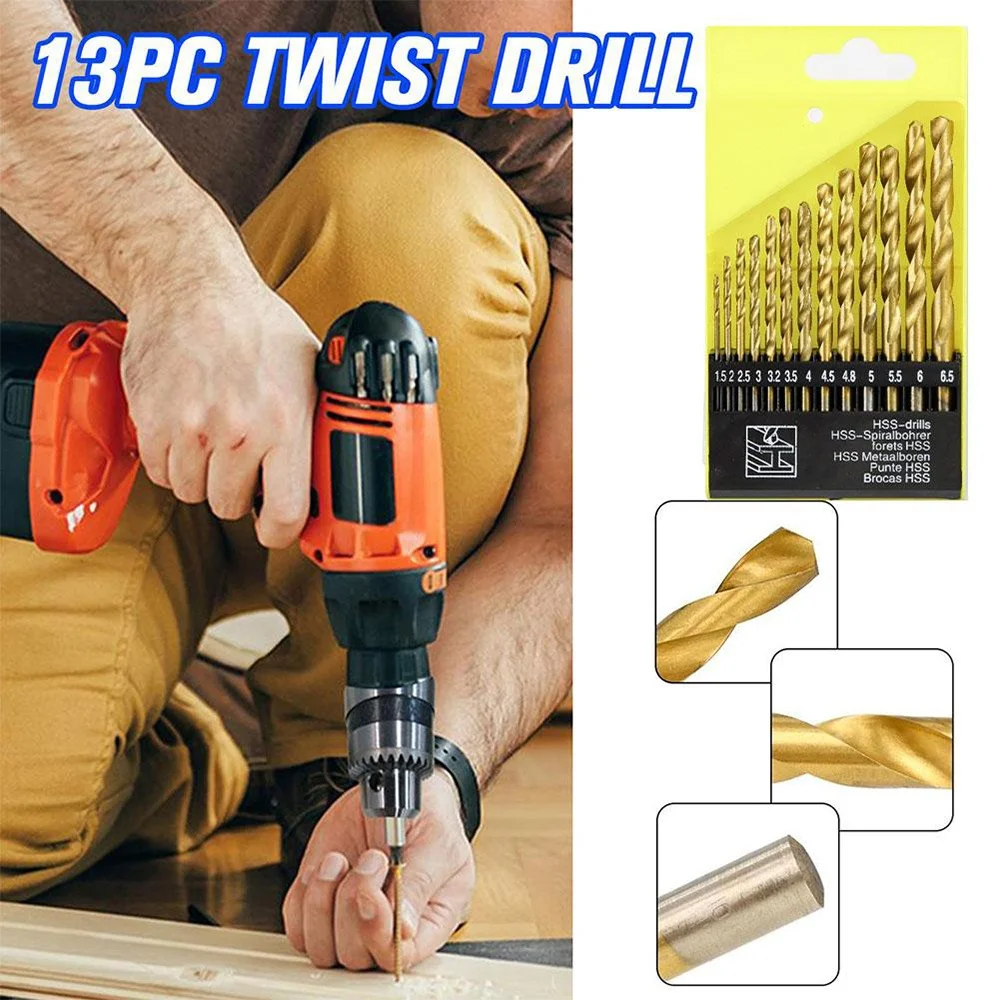 

Набор из 13 титановых сверл с прямым хвостовиком для работы по металлу и дереву, инструмент для сверления отверстий, аксессуары для деревообработки и металлообработки