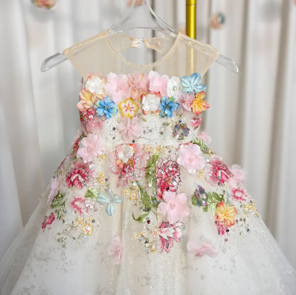 Blumenmädchenkleid mit Blumenmuster, Spitze, Blumen, ärmellos, Prinzessin, Kleinkind, Kinder, Hochzeit, 1. Geburtstag, Festzug, Partykleid