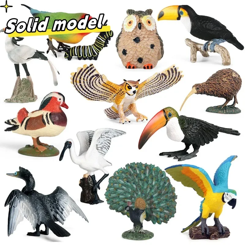 Simulación de pájaro, animales, búho, flamenco, avestruz, loro, águila, guacamayo escarlata, figuras de acción, pavo real, Tucán, albatruz, juguetes en miniatura