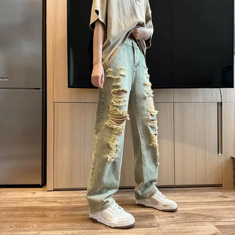 

Летние мужские свободные прямые джинсы, окрашенные грязью, модные брендовые винтажные брюки с дырочками High Street, молодежные модные брюки
