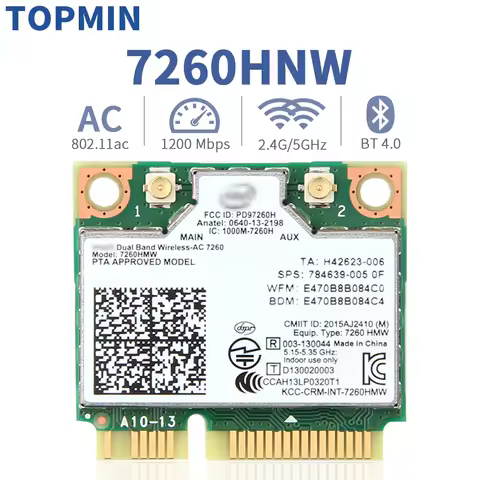 Wireless Network Card For 7260 7260HMW Mini PCI-E 7260 Dual Band 2.4G/5Ghz Wlan Wifi Bluetooth 4.0 802.11ac/a/b/g For PC