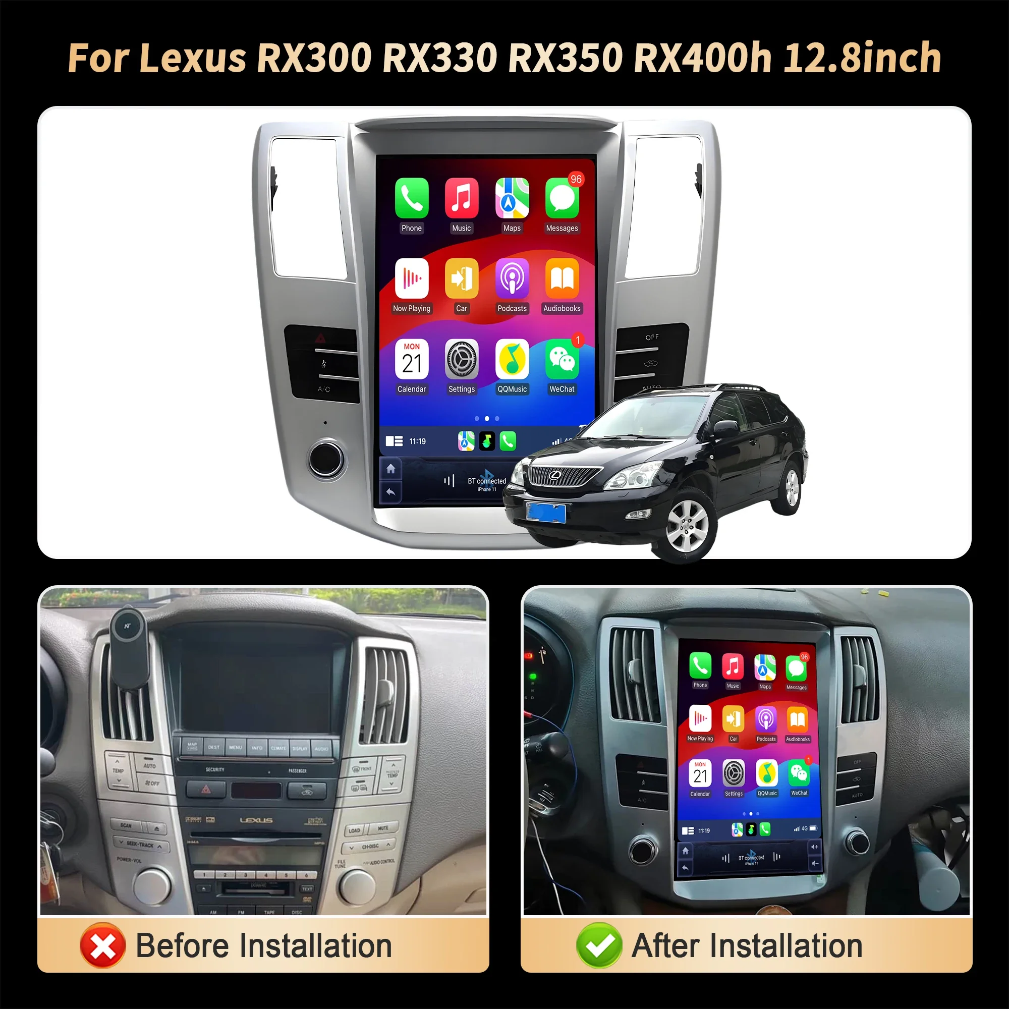 12.8 inch Car Radio For Lexus RX300 RX330 RX350 RX400h Android 14 4G Head Unit Wireless Bluetooth CarPlay Touch Screen Stereo