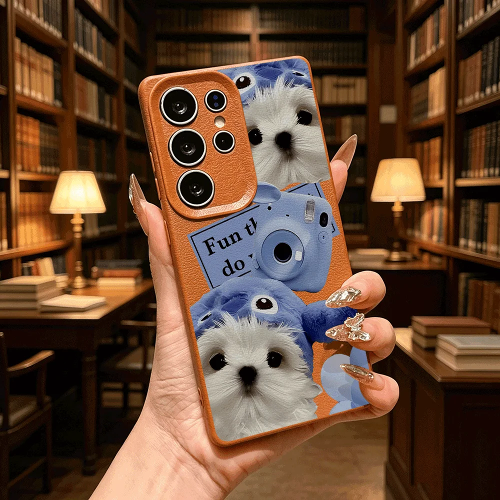 Puppy Blue Camera Balloons Faux Leather Soft TPU Shockproof Case For Samsung S Ultra FE A Series Anti Scratch Slim Cover